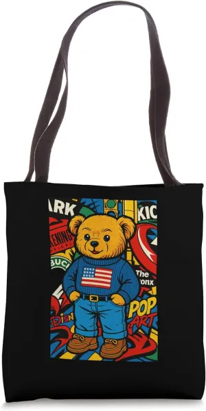 Cool American Teddy bear with Comic Pop Art Illustration Tote Bag