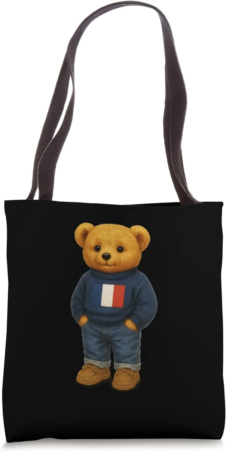 Cool French Teddy Bear Illustration Outfit Graphic Designs Tote Bag