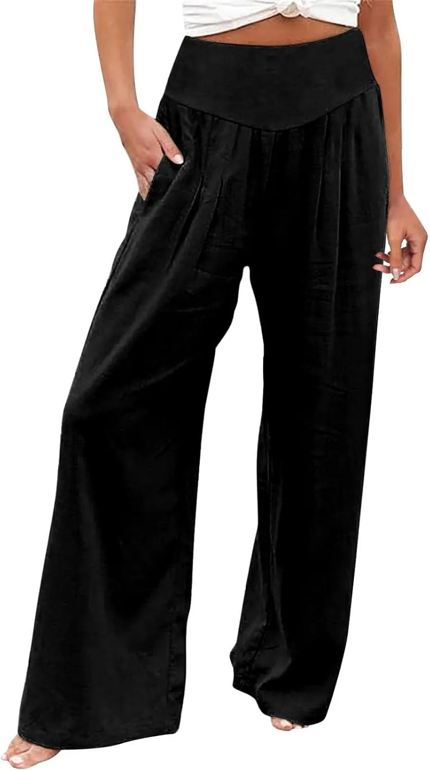 Corduroy Pleated Pants for Women Winter Everyday Hiking Pants with Pockets Elastic Waist High Waisted
