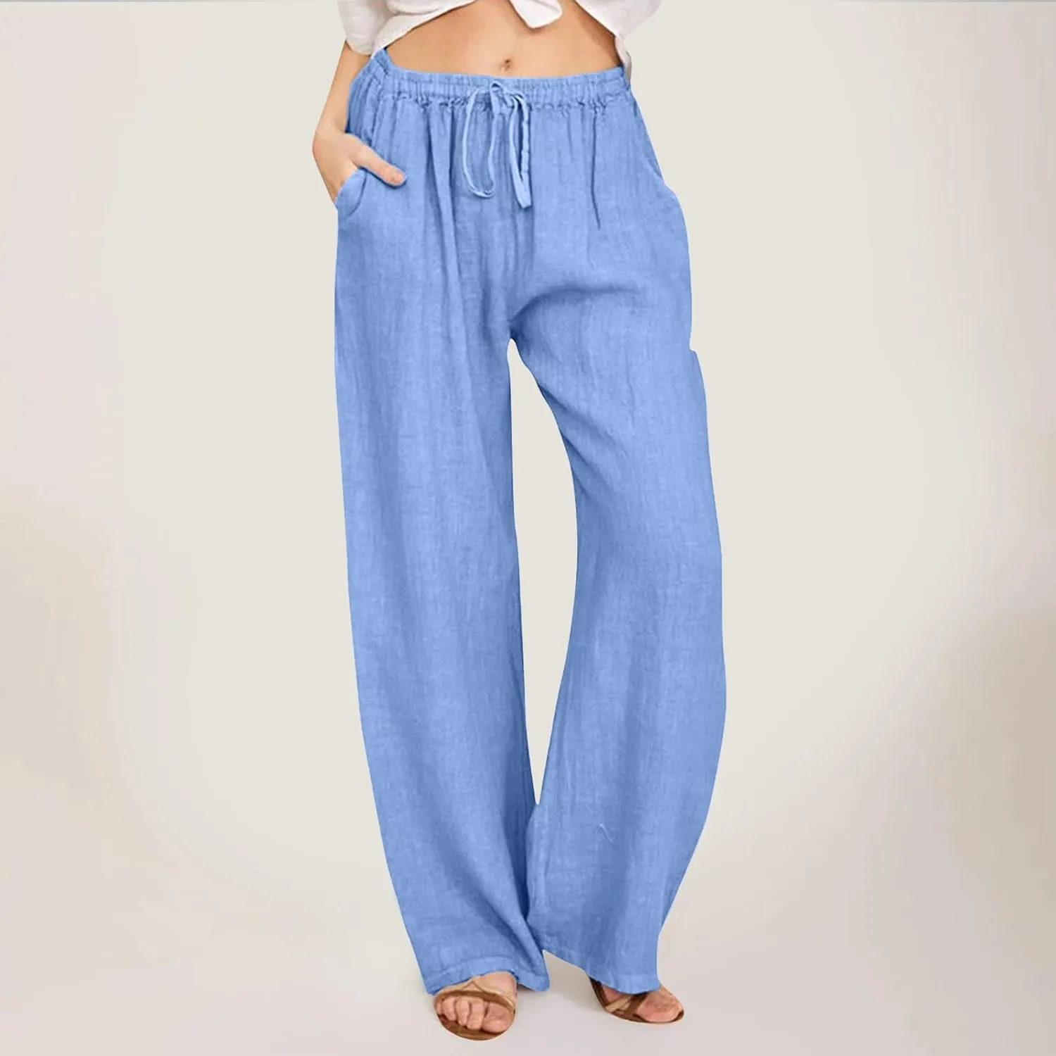 Cotton Linen Pants Women Summer Casual Boho Straight Leg Solid Color High Waisted Linen Pants Plus Size Trousers with Pockets