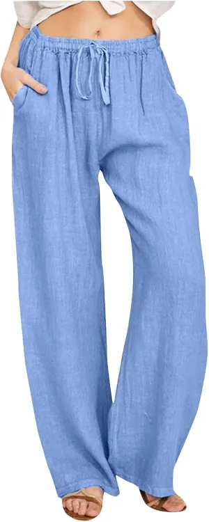 Cotton Linen Pants Women Summer Casual Boho Straight Leg Solid Color High Waisted Linen Pants Plus Size Trousers with Pockets