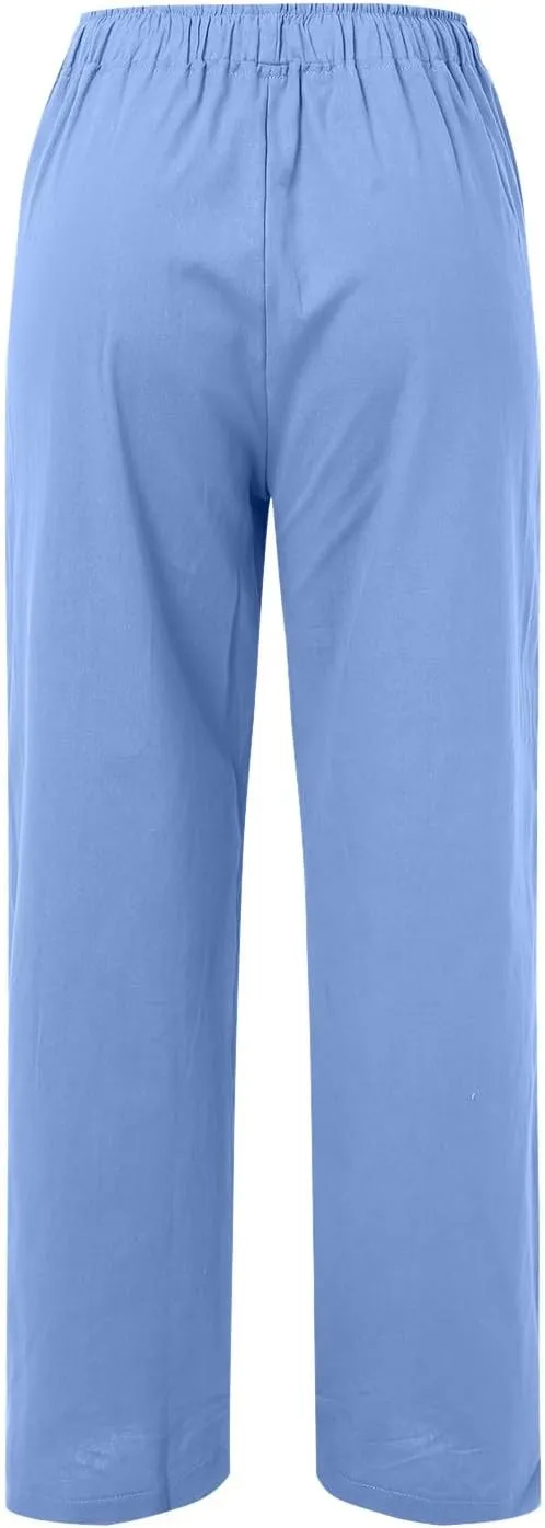 Cotton Linen Pants Women Summer Casual Boho Straight Leg Solid Color High Waisted Linen Pants Plus Size Trousers with Pockets