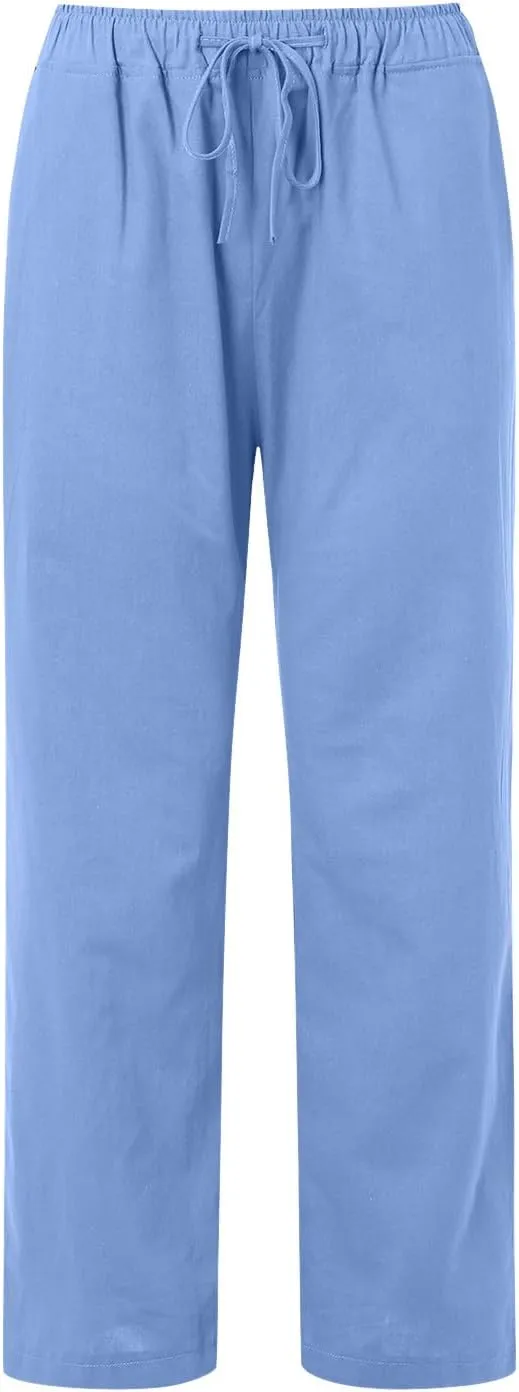 Cotton Linen Pants Women Summer Casual Boho Straight Leg Solid Color High Waisted Linen Pants Plus Size Trousers with Pockets