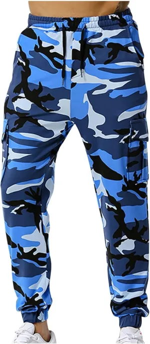 Cotton Men's Camo Jogger Pants Elastic Waist Drawstring Slim Fit Cargo Pockets Breathable Casual Outdoor Workout
