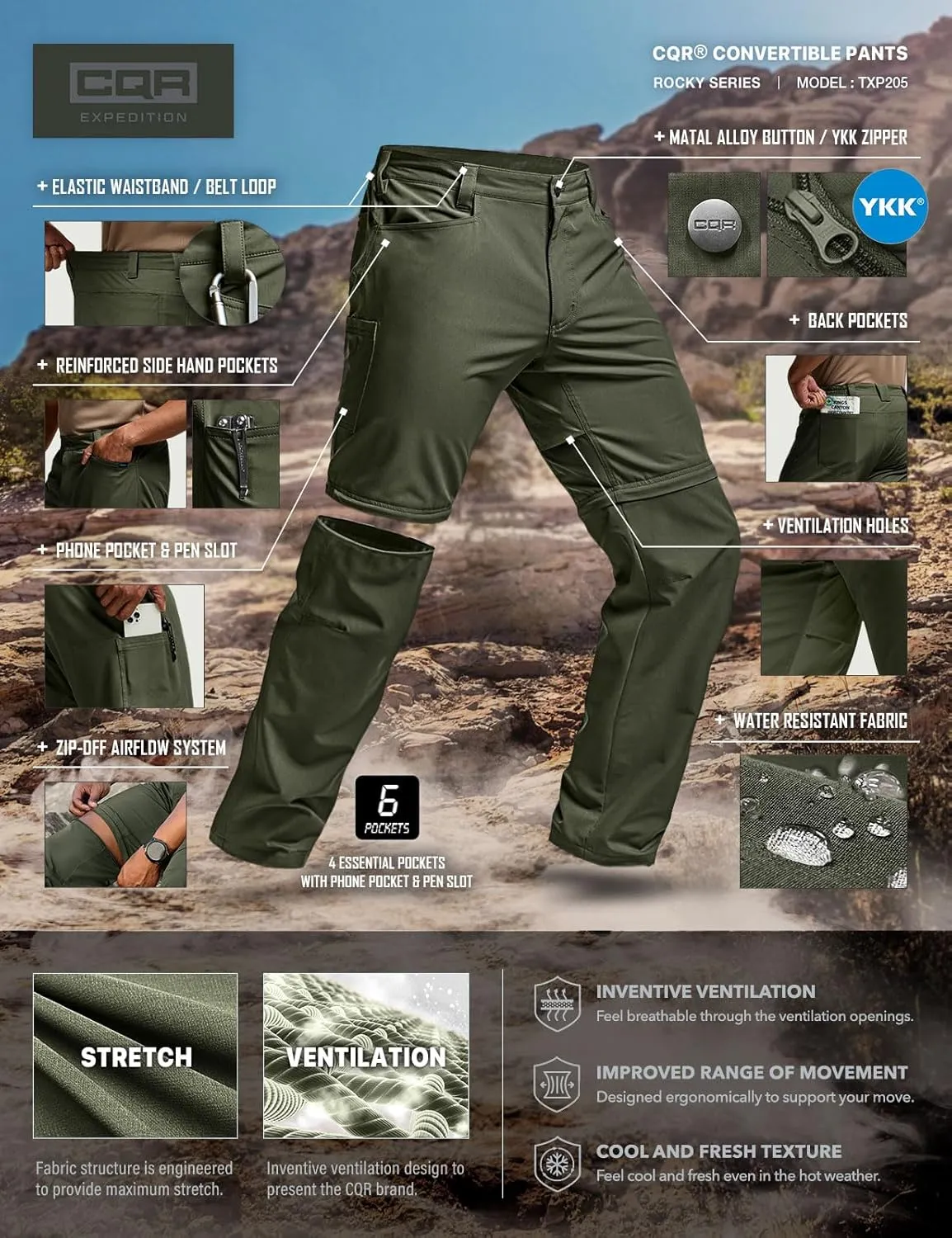 CQR Men's Convertible Cargo Tactical Pants, Water Resistant Outdoor Hiking Pants, Zip Off Lightweight Stretch Work Pants