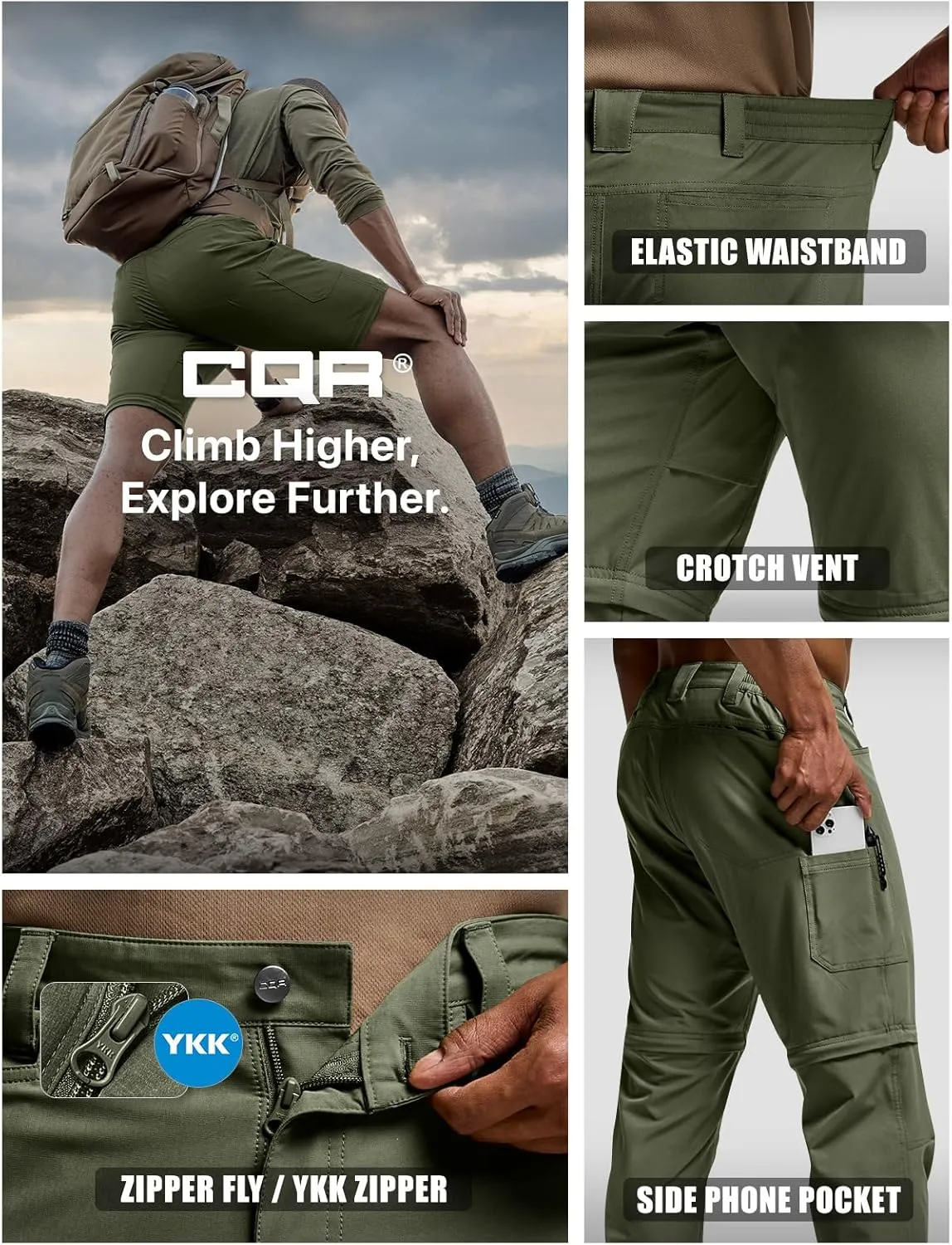 CQR Men's Convertible Cargo Tactical Pants, Water Resistant Outdoor Hiking Pants, Zip Off Lightweight Stretch Work Pants