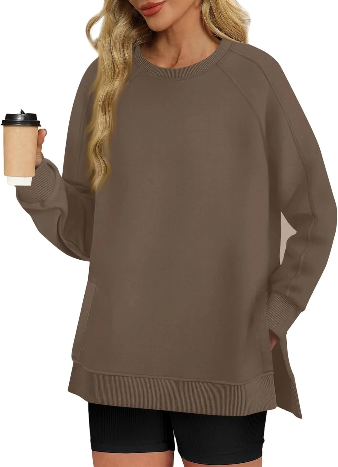 Crewneck Sweatshirts Women Side Slit Oversized Fall Sweatshirt Long Sleeve Tunic Pullover Shirts Y2k Hoodie Sweater