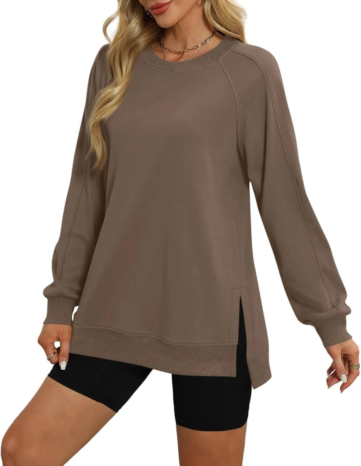 Crewneck Sweatshirts Women Side Slit Oversized Fall Sweatshirt Long Sleeve Tunic Pullover Shirts Y2k Hoodie Sweater