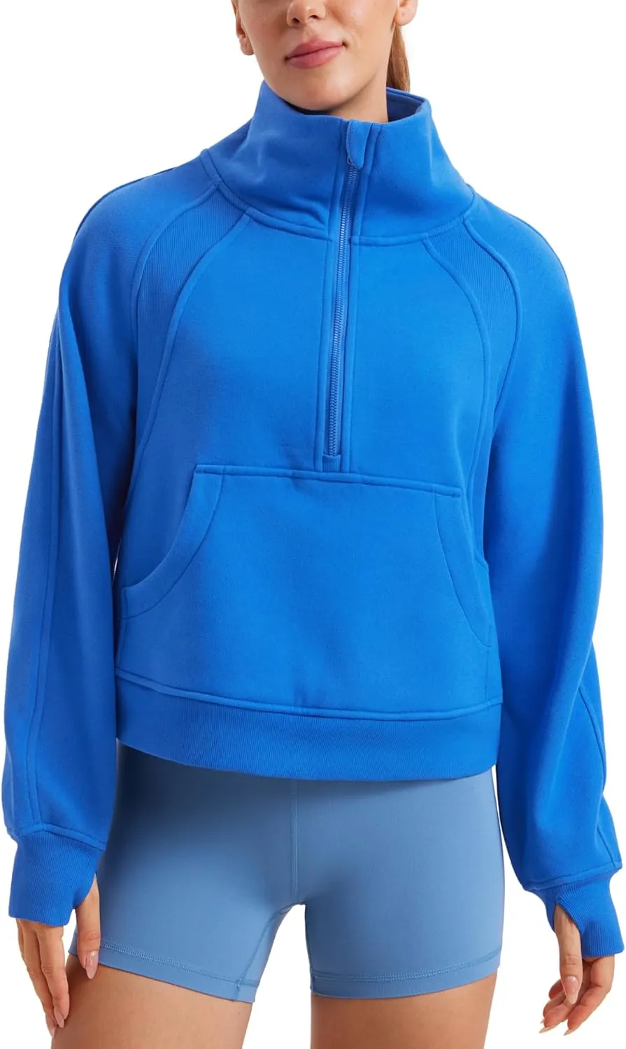 CRZ YOGA Womens Fleece Lined Half Zipper Sweatshirts Funnel Neck Long Sleeve Oversized Pullover Hoodies with Thumb Holes