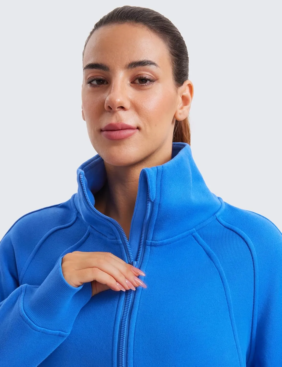 CRZ YOGA Womens Fleece Lined Half Zipper Sweatshirts Funnel Neck Long Sleeve Oversized Pullover Hoodies with Thumb Holes