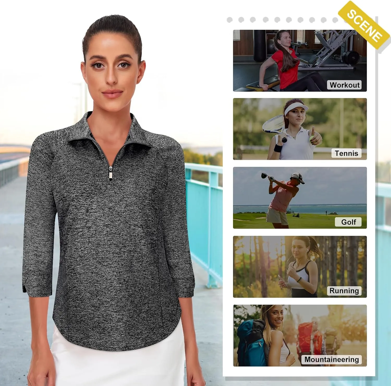 Cucuchy Style Womens Golf Shirt 3/4 Sleeve Quarter Zip Workout Tennis Tops Quick Dry UPF 50  Shirts