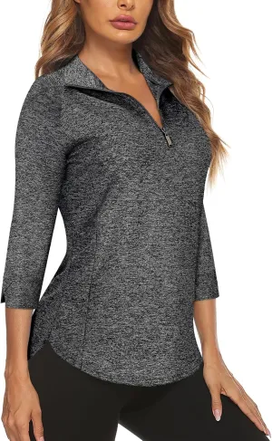 Cucuchy Style Womens Golf Shirt 3/4 Sleeve Quarter Zip Workout Tennis Tops Quick Dry UPF 50  Shirts