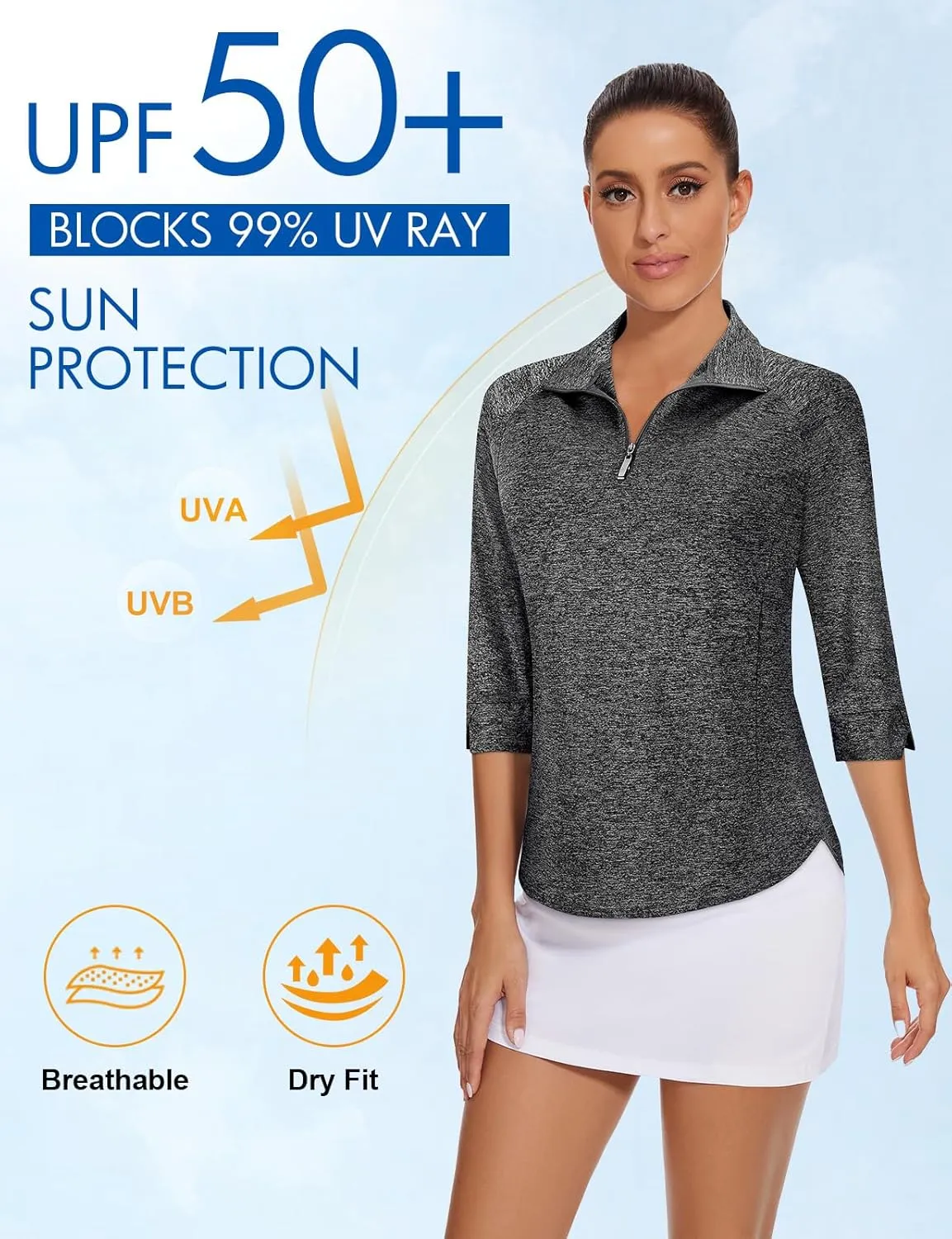 Cucuchy Style Womens Golf Shirt 3/4 Sleeve Quarter Zip Workout Tennis Tops Quick Dry UPF 50  Shirts