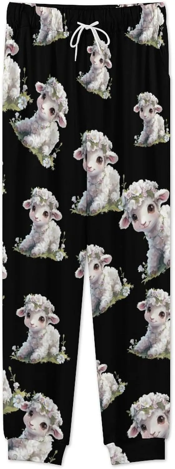 Cute Lamb Flower Men's Crew Neck Pajama 2 Piece Set Long Sleeve Loungewear Top and Bottom