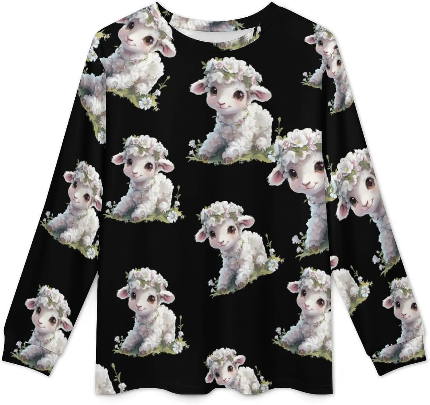 Cute Lamb Flower Men's Crew Neck Pajama 2 Piece Set Long Sleeve Loungewear Top and Bottom