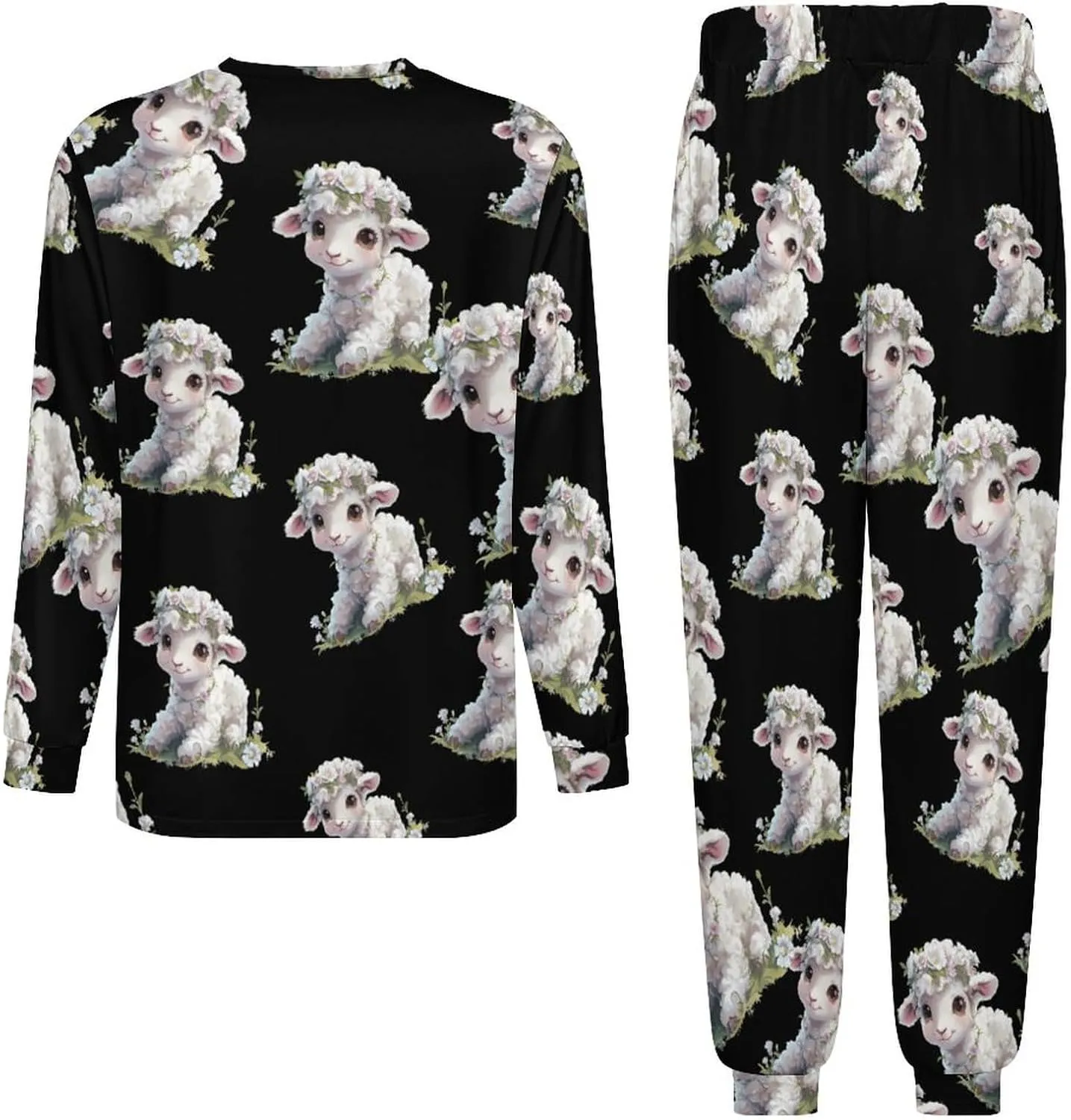 Cute Lamb Flower Men's Crew Neck Pajama 2 Piece Set Long Sleeve Loungewear Top and Bottom