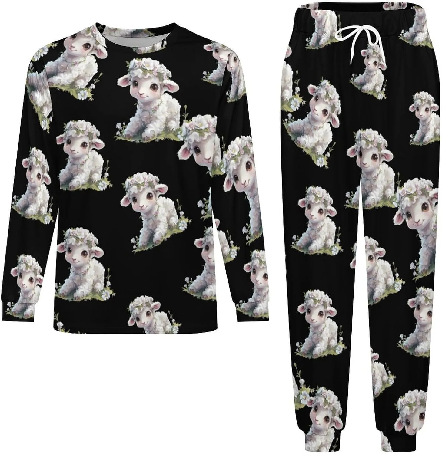 Cute Lamb Flower Men's Crew Neck Pajama 2 Piece Set Long Sleeve Loungewear Top and Bottom