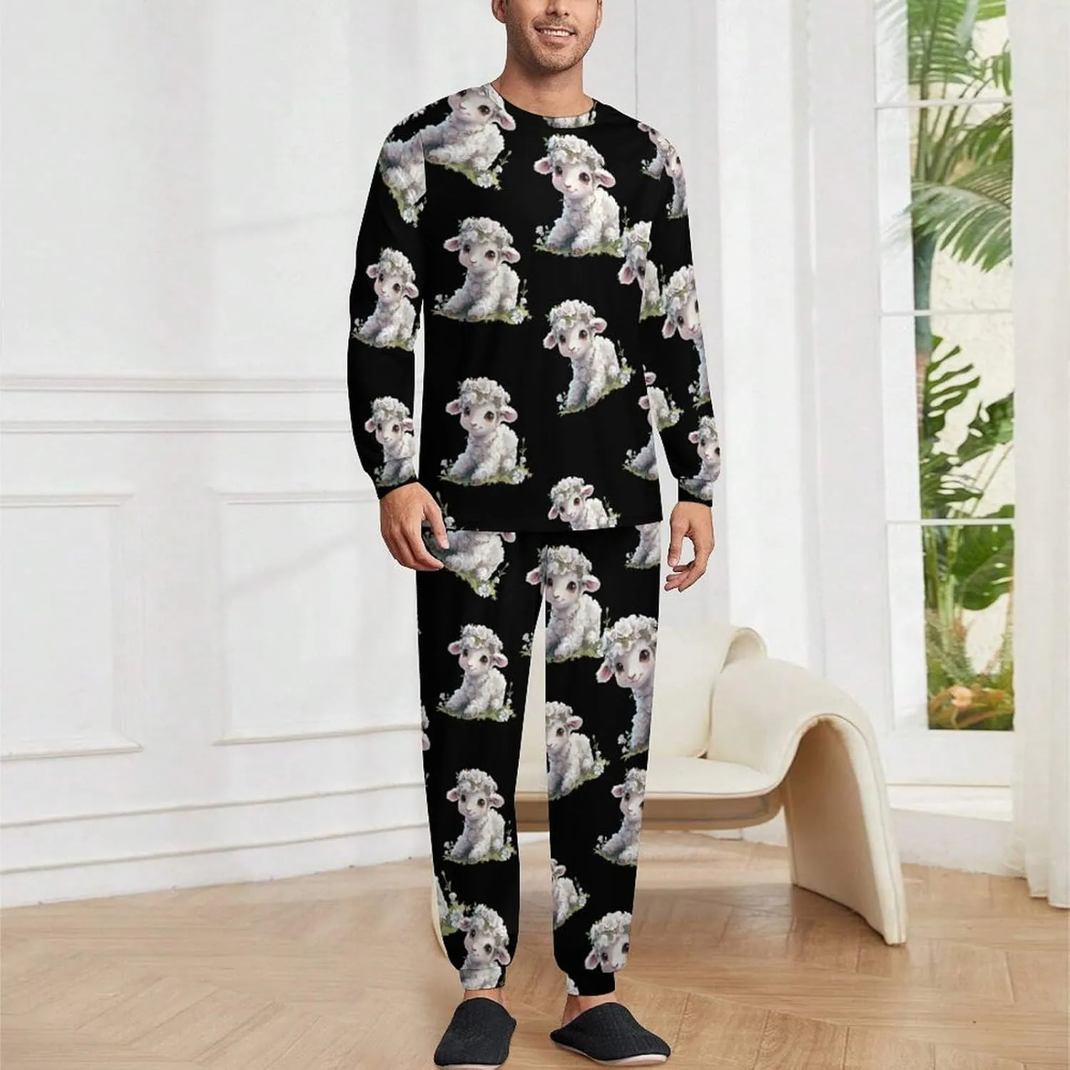 Cute Lamb Flower Men's Crew Neck Pajama 2 Piece Set Long Sleeve Loungewear Top and Bottom