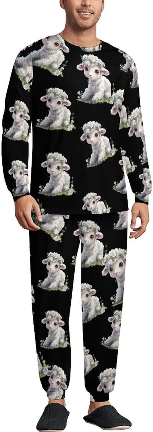 Cute Lamb Flower Men's Crew Neck Pajama 2 Piece Set Long Sleeve Loungewear Top and Bottom