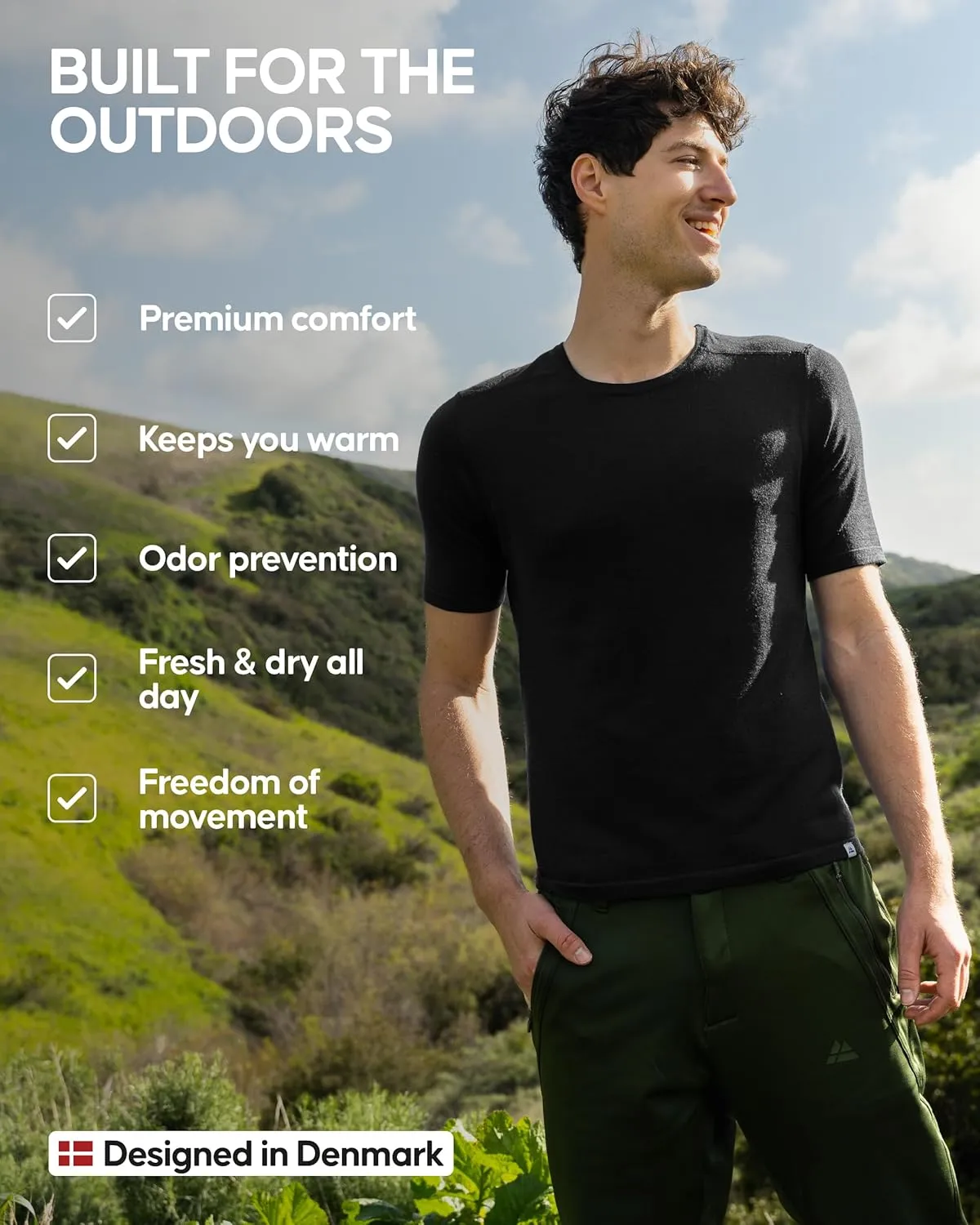 DANISH ENDURANCE Merino Wool Baselayer T-Shirt, Short Sleeve, Premium Undershirt for Men, Breathable, Moisture Wicking