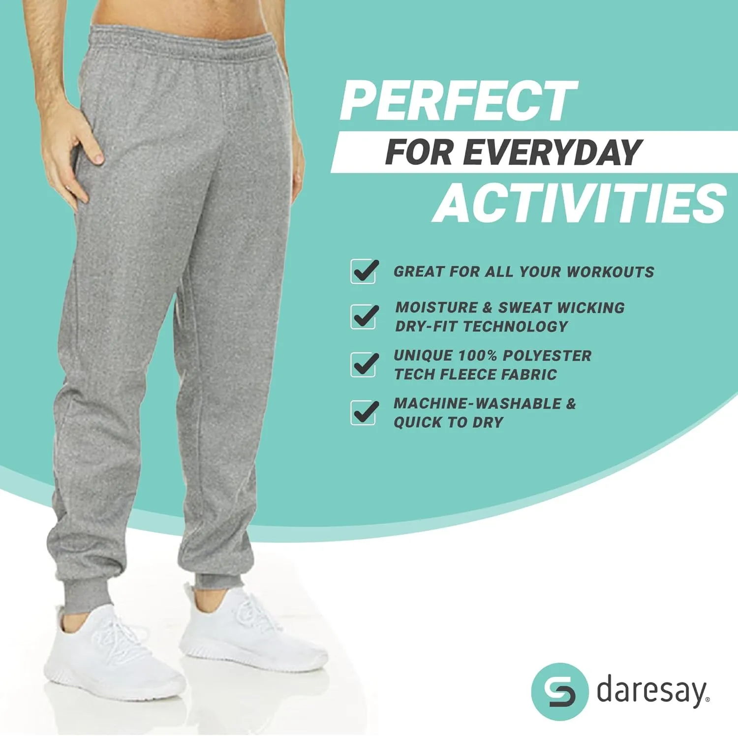 DARESAY Mens 3 Pack Dry Fit Fleece Athletic Workout Jogger Sweatpants for Men with Pockets and Drawstring Size S-3XL