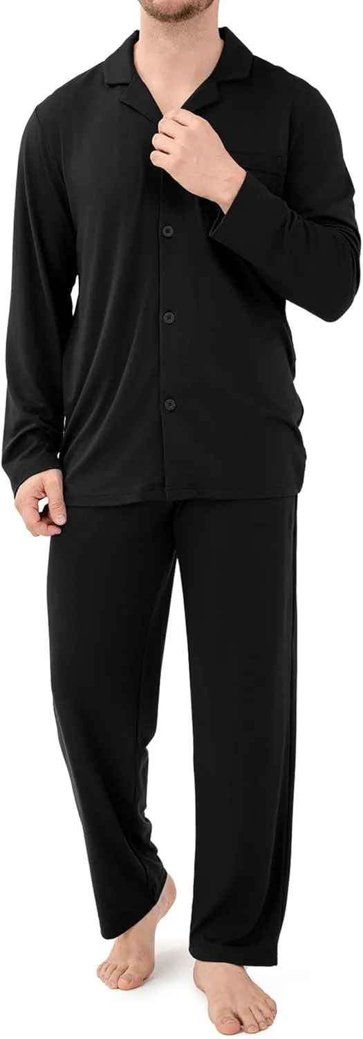 DAVID ARCHY Mens Silk Pajamas Set Ultra-Soft Sleepwear Breathable Notched Collar Top & Bottoms Loungewear with Pockets