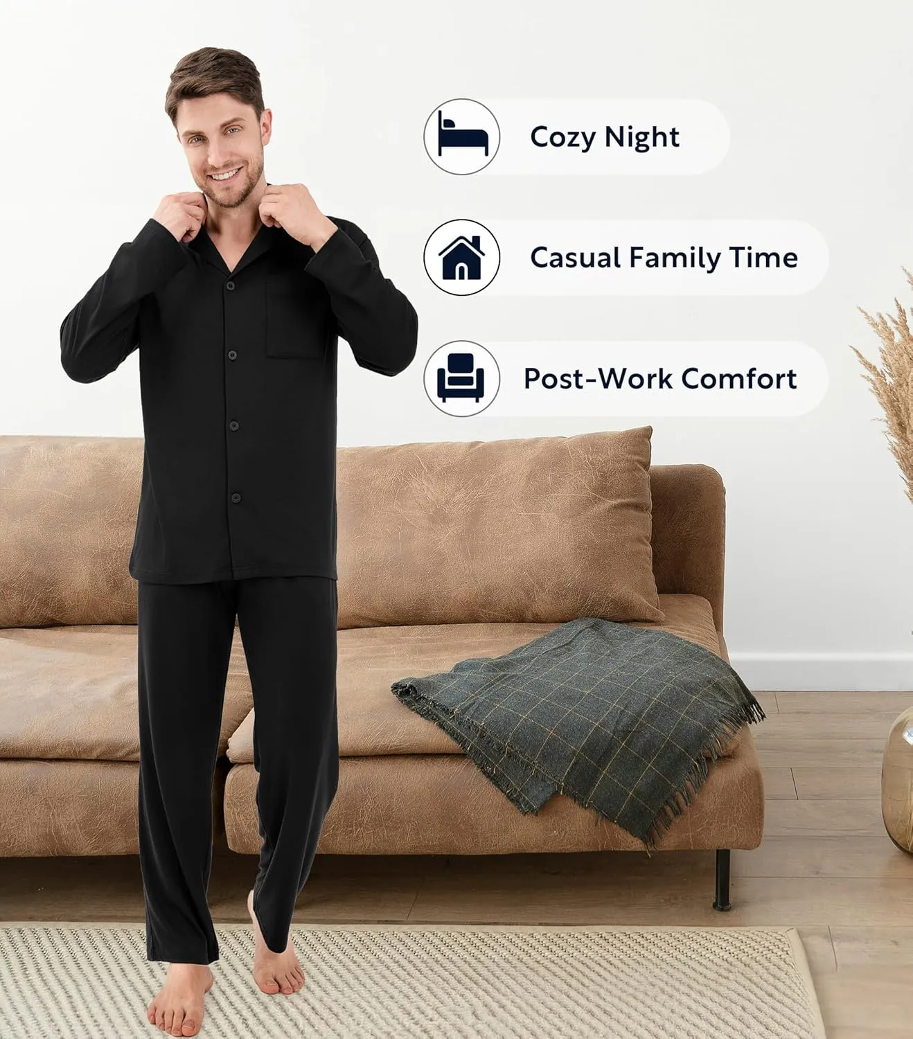 DAVID ARCHY Mens Silk Pajamas Set Ultra-Soft Sleepwear Breathable Notched Collar Top & Bottoms Loungewear with Pockets