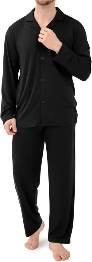 DAVID ARCHY Mens Silk Pajamas Set Ultra-Soft Sleepwear Breathable Notched Collar Top & Bottoms Loungewear with Pockets