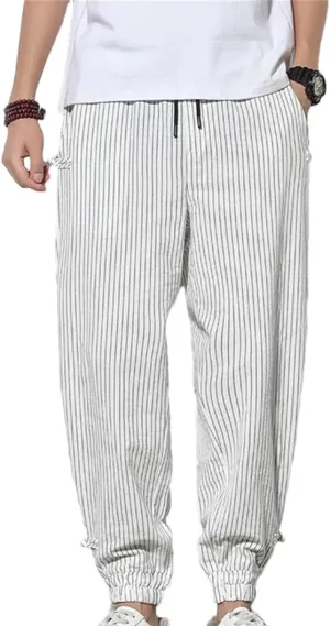 Dcvmvmn Mens Spring Summer Disc Buckle Striped Harem Pants Breathable Cotton Linen Pencil Casual Bloomers Trousers White