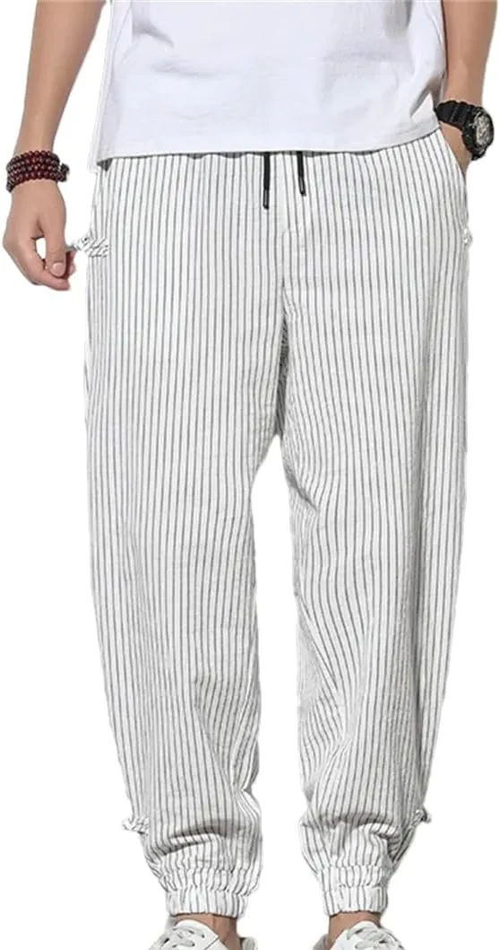 Dcvmvmn Mens Spring Summer Disc Buckle Striped Harem Pants Breathable Cotton Linen Pencil Casual Bloomers Trousers White