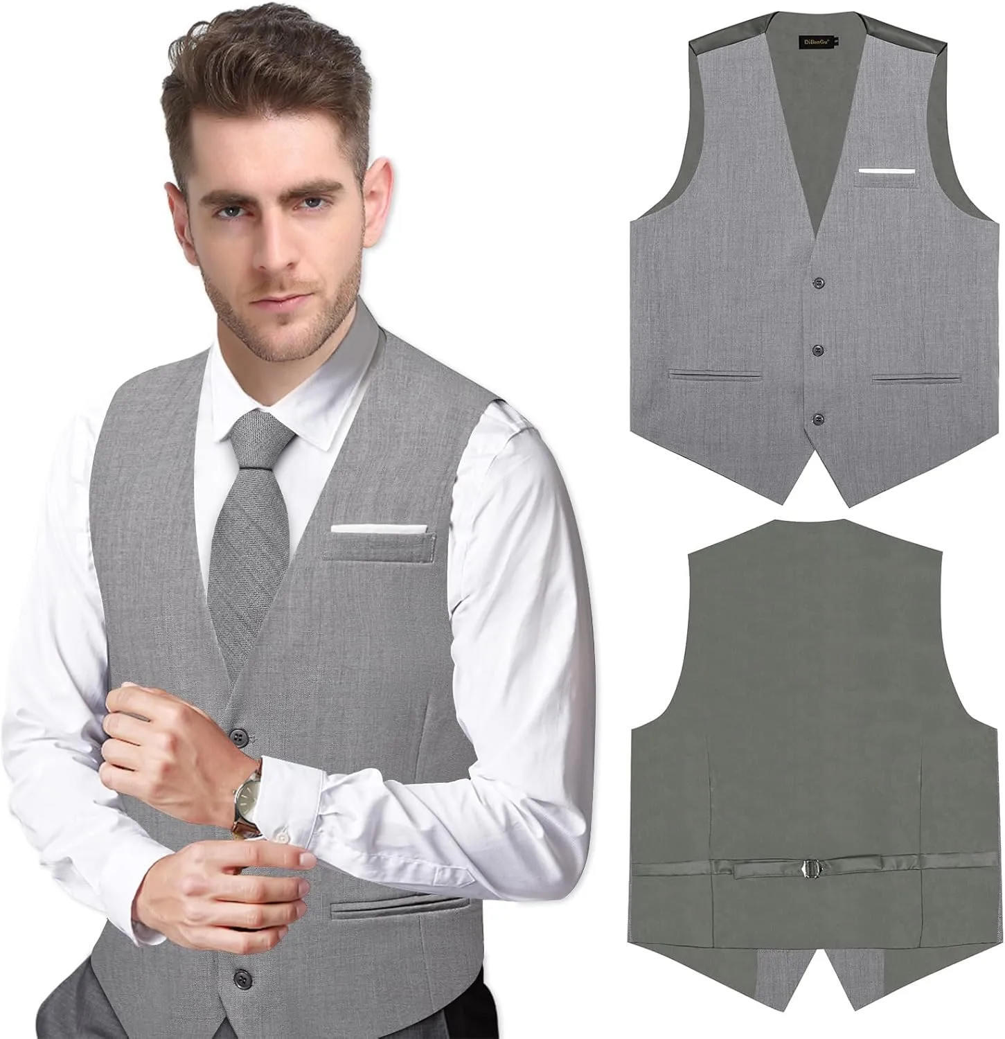 DiBanGu Mens Linen Suit Vest Casual Waistcoat and Necktie & Pre-tied Bowtie Set 6PCS Solid Color Dress Vest for Wedding Party