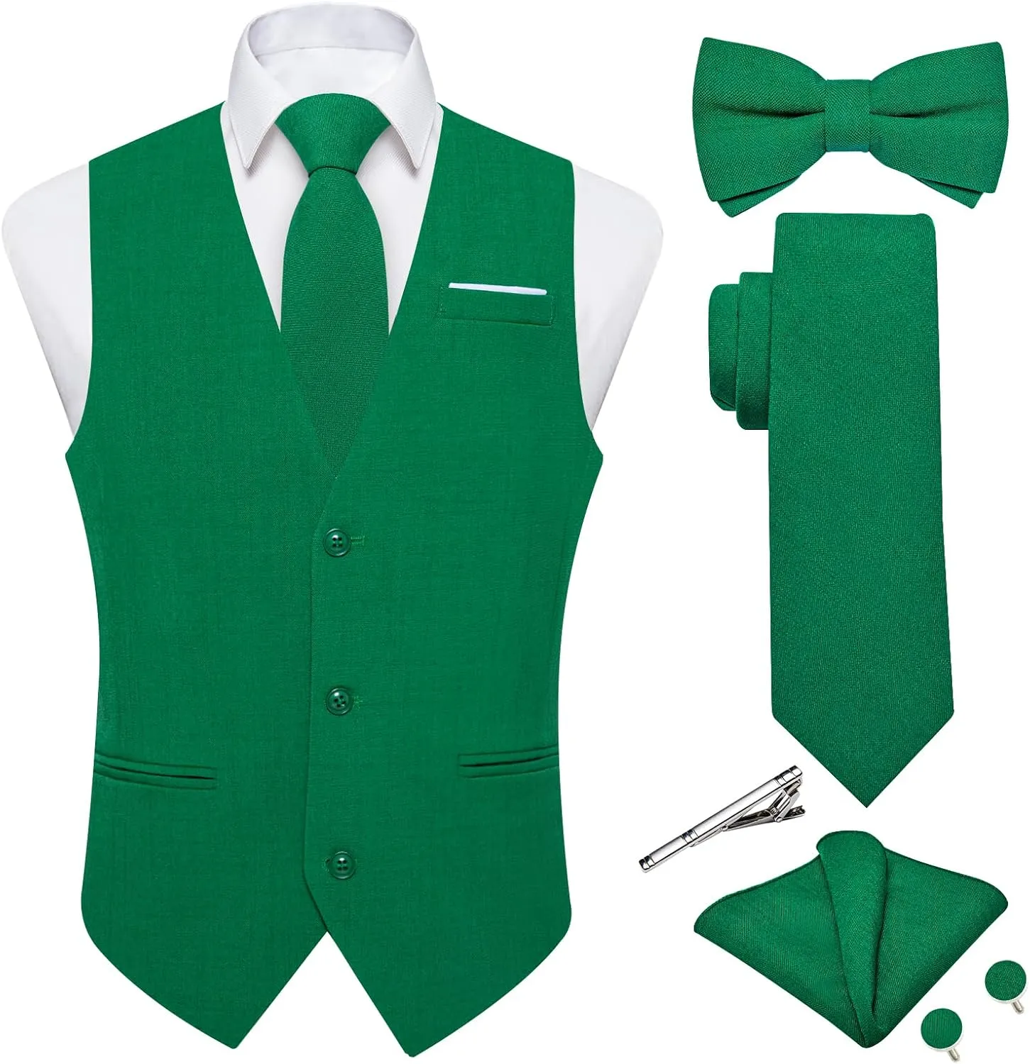DiBanGu Mens Linen Suit Vest Casual Waistcoat and Necktie & Pre-tied Bowtie Set 6PCS Solid Color Dress Vest for Wedding Party