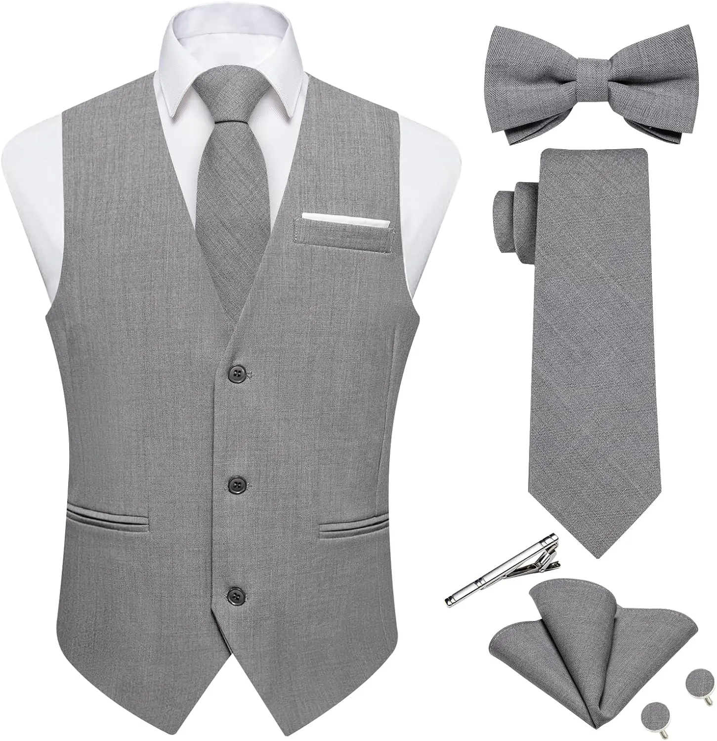 DiBanGu Mens Linen Suit Vest Casual Waistcoat and Necktie & Pre-tied Bowtie Set 6PCS Solid Color Dress Vest for Wedding Party