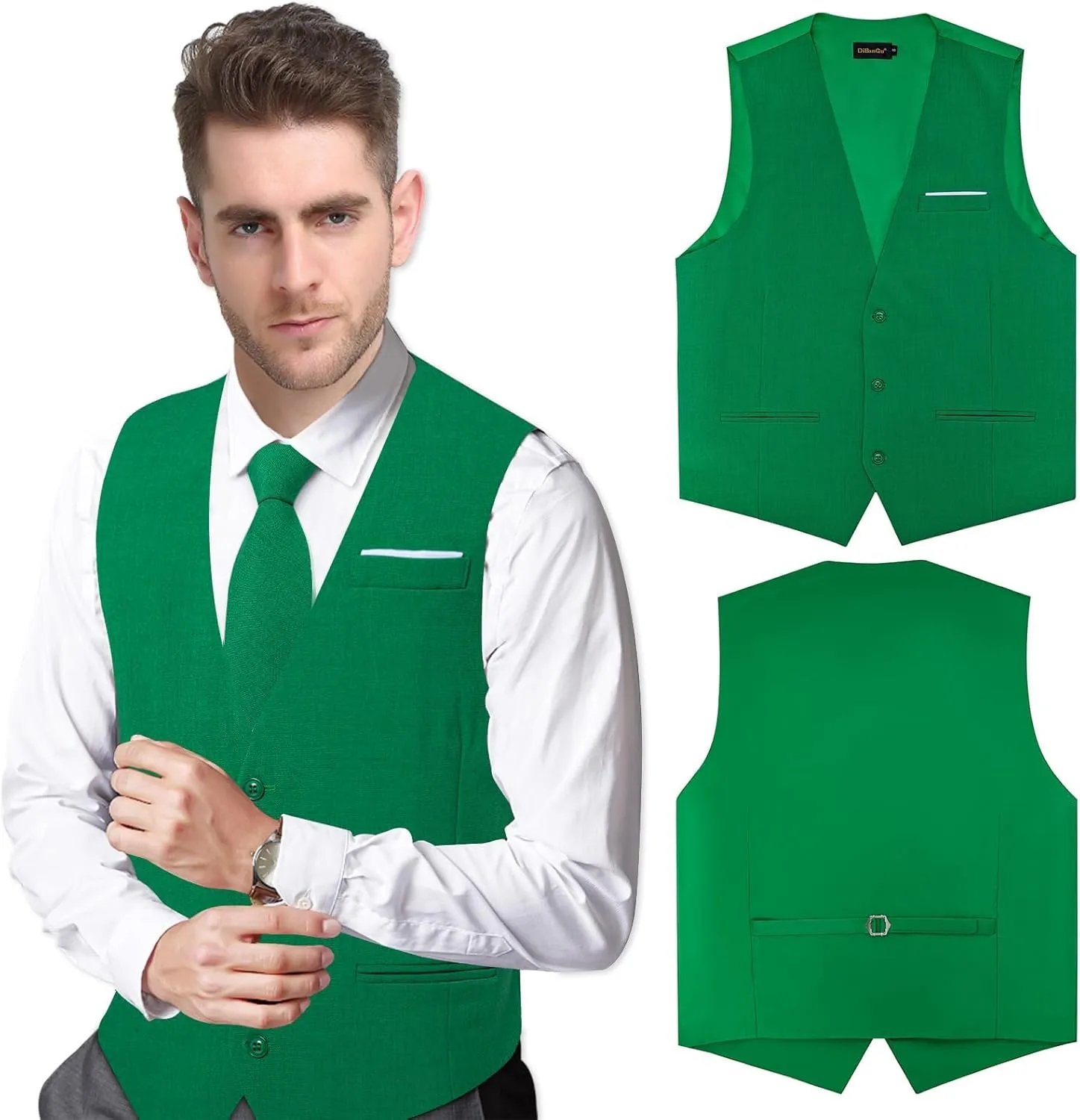 DiBanGu Mens Linen Suit Vest Casual Waistcoat and Necktie & Pre-tied Bowtie Set 6PCS Solid Color Dress Vest for Wedding Party
