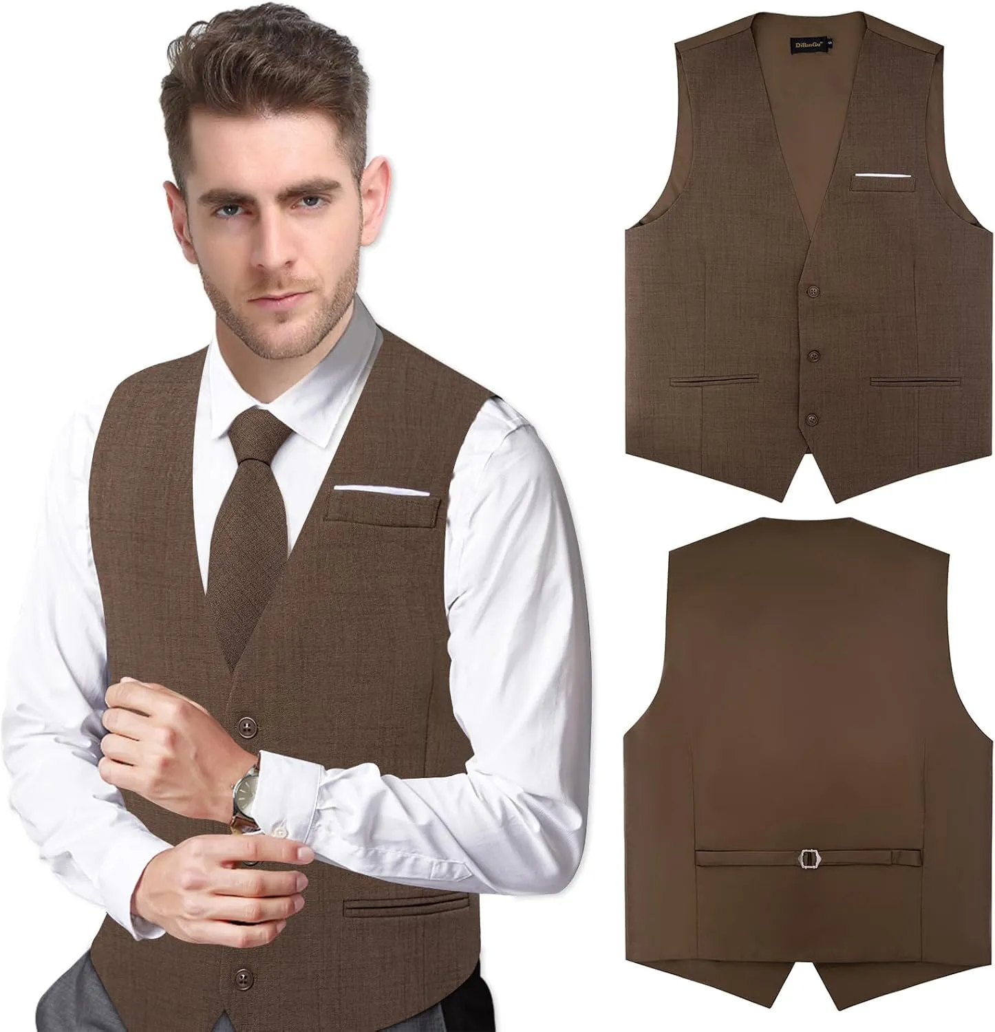 DiBanGu Mens Linen Suit Vest Casual Waistcoat and Necktie & Pre-tied Bowtie Set 6PCS Solid Color Dress Vest for Wedding Party
