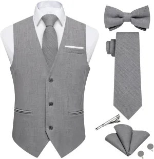 DiBanGu Mens Linen Suit Vest Casual Waistcoat and Necktie & Pre-tied Bowtie Set 6PCS Solid Color Dress Vest for Wedding Party