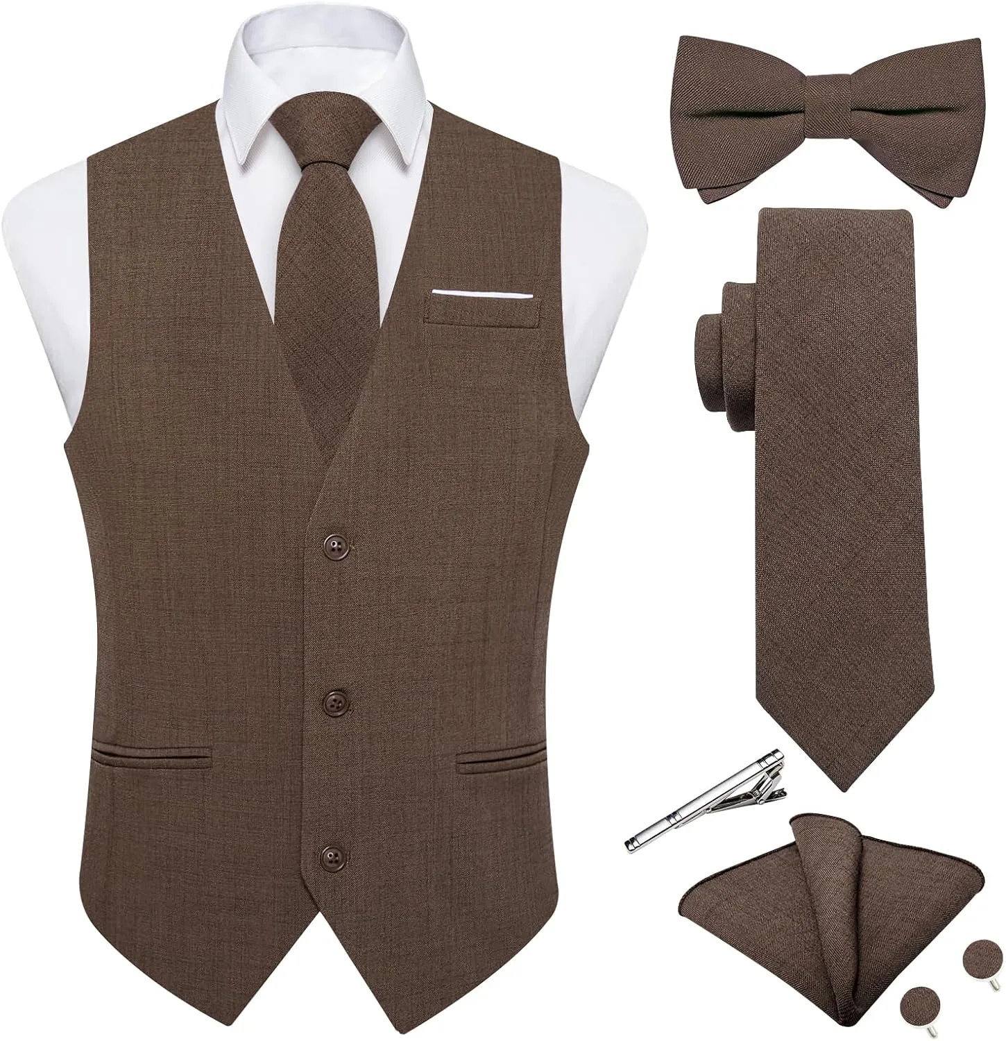 DiBanGu Mens Linen Suit Vest Casual Waistcoat and Necktie & Pre-tied Bowtie Set 6PCS Solid Color Dress Vest for Wedding Party