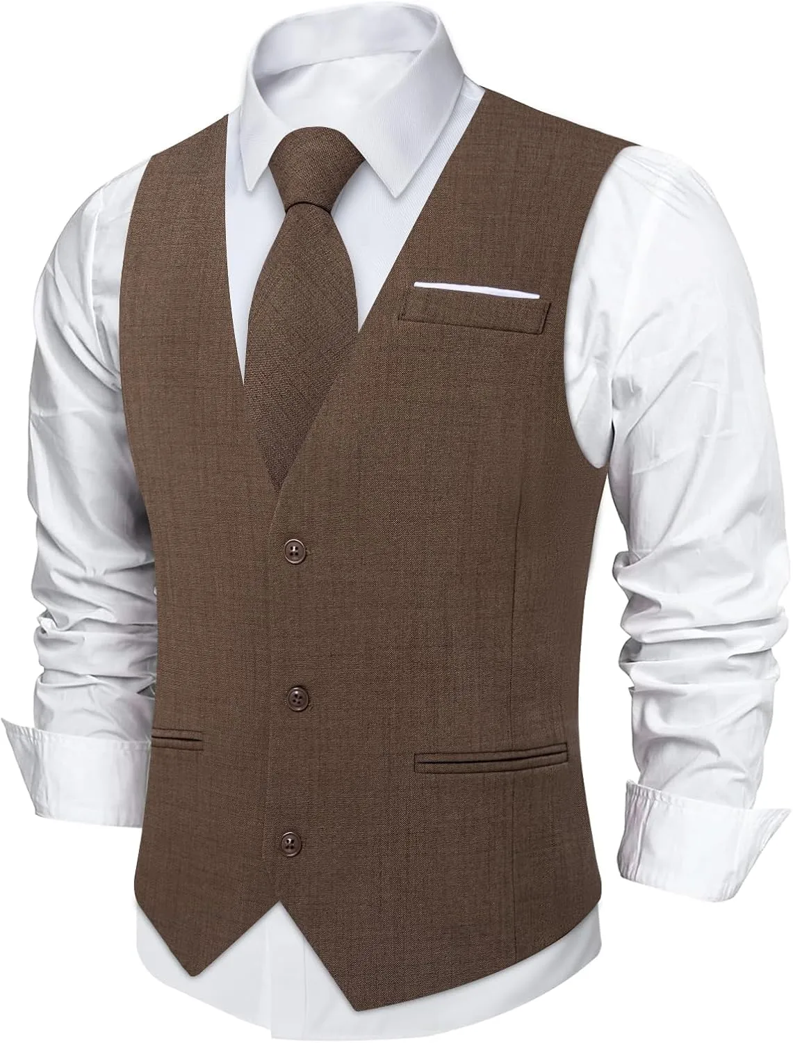 DiBanGu Mens Linen Suit Vest Casual Waistcoat and Necktie & Pre-tied Bowtie Set 6PCS Solid Color Dress Vest for Wedding Party