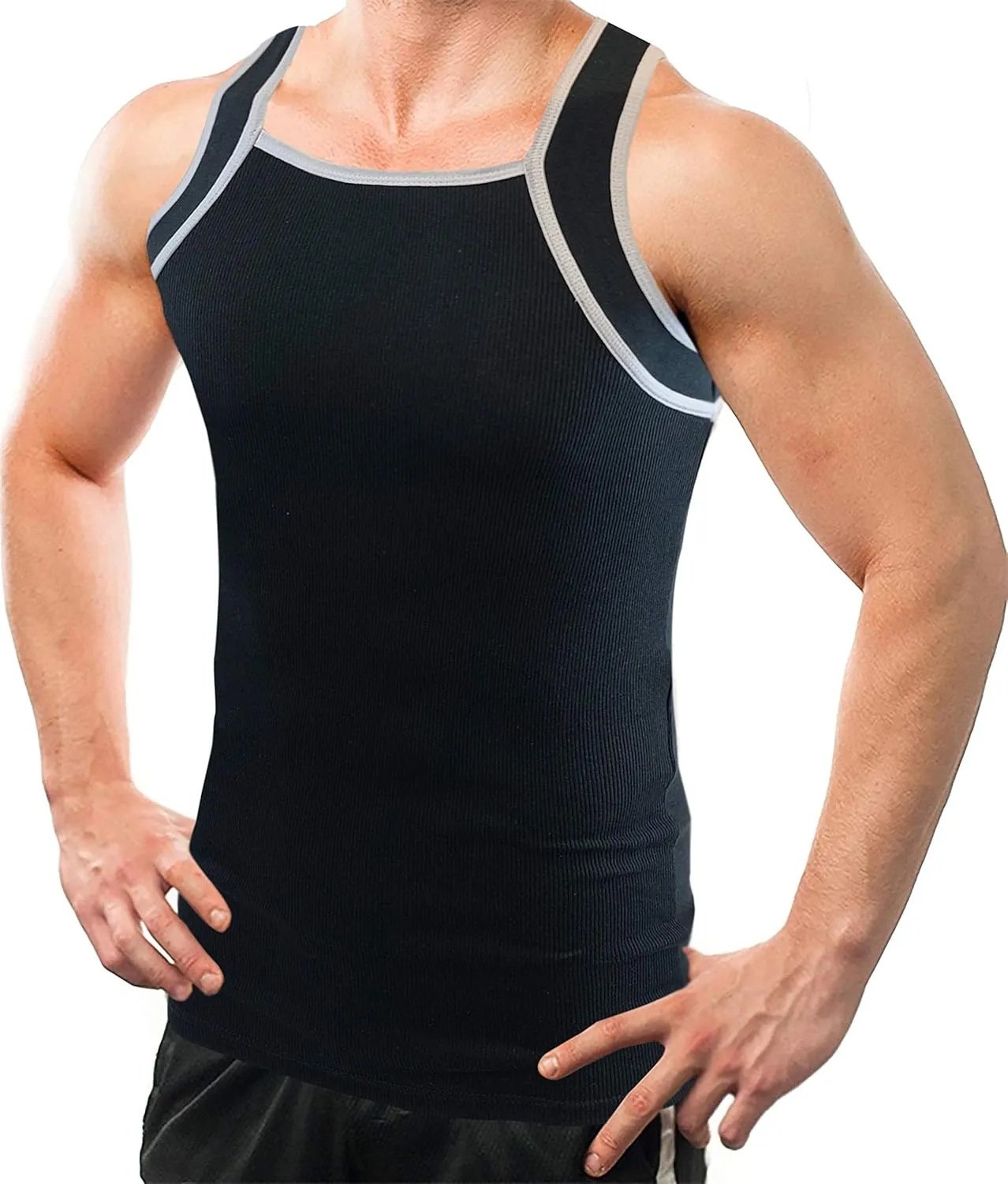 Different Touch 2 Pack Men's Tank Tops Square Cut Muscle Rib A-Shirts