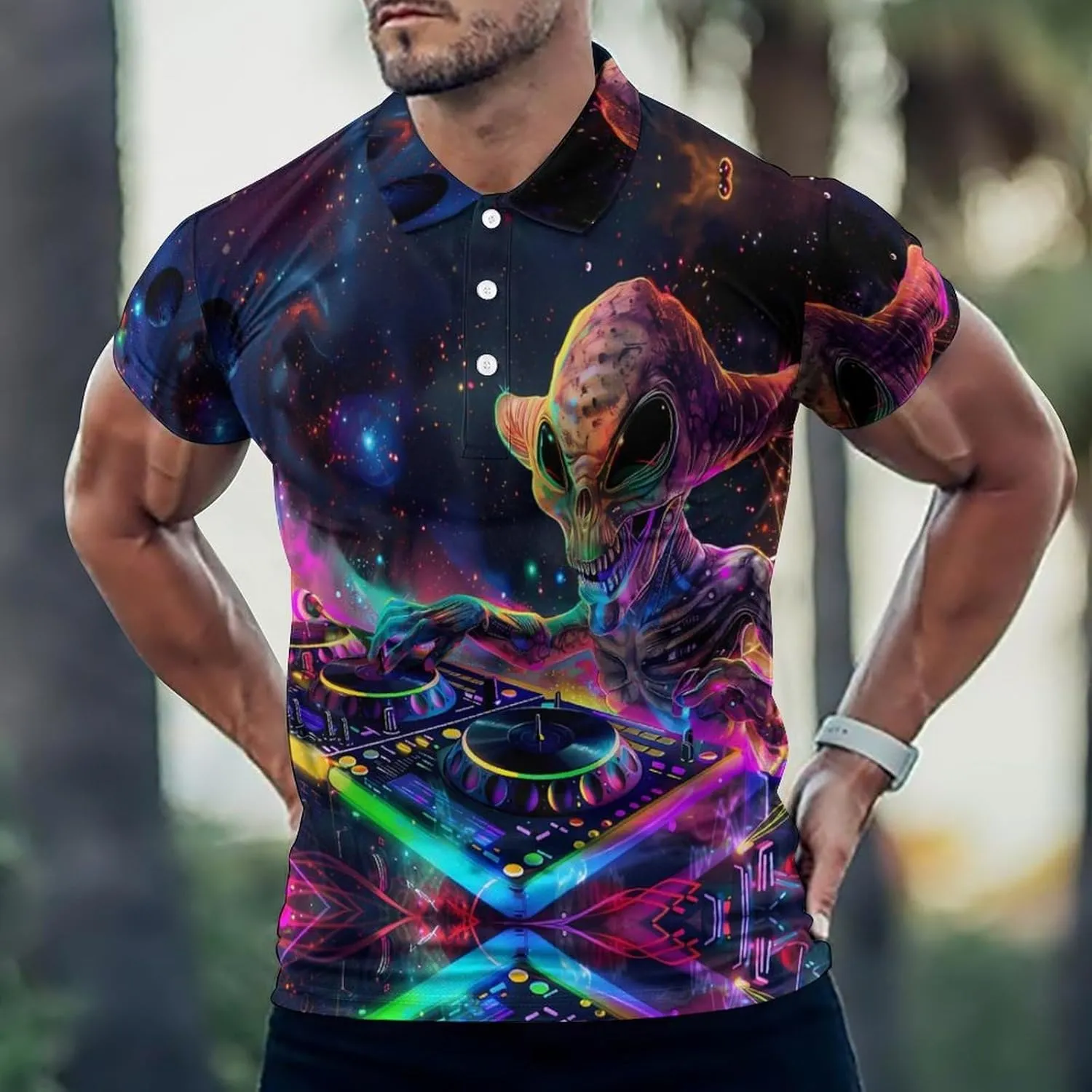 DJ Alien Galaxy Mens Polo Shirts Quick Dry Short Sleeve Golf Slim Fit T Shirt