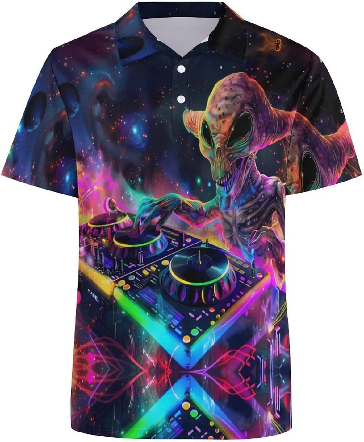 DJ Alien Galaxy Mens Polo Shirts Quick Dry Short Sleeve Golf Slim Fit T Shirt