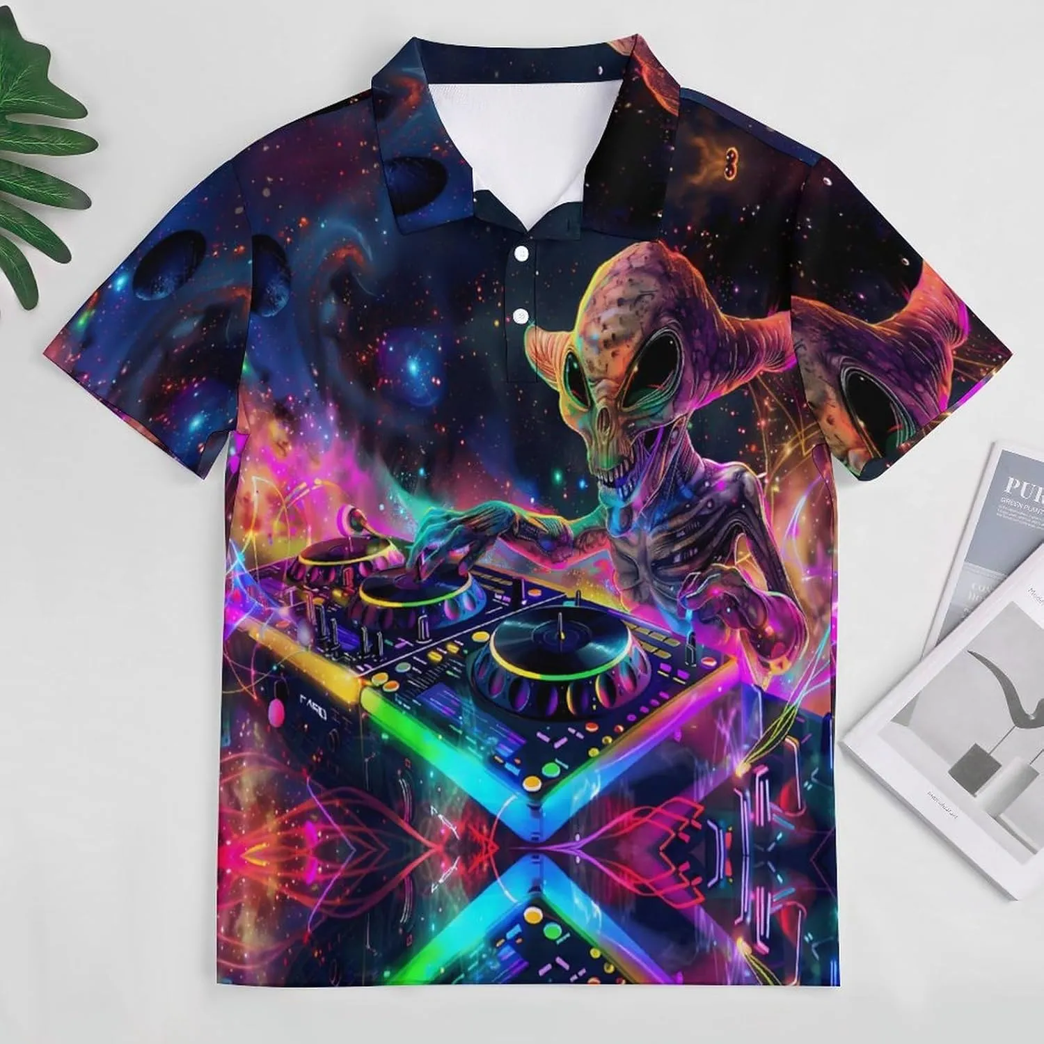 DJ Alien Galaxy Mens Polo Shirts Quick Dry Short Sleeve Golf Slim Fit T Shirt