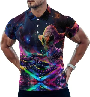 DJ Alien Galaxy Mens Polo Shirts Quick Dry Short Sleeve Golf Slim Fit T Shirt
