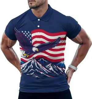 Eagle Flying Over U.S. Flag Mens Polo Shirts Quick Dry Short Sleeve Golf Slim Fit T Shirt