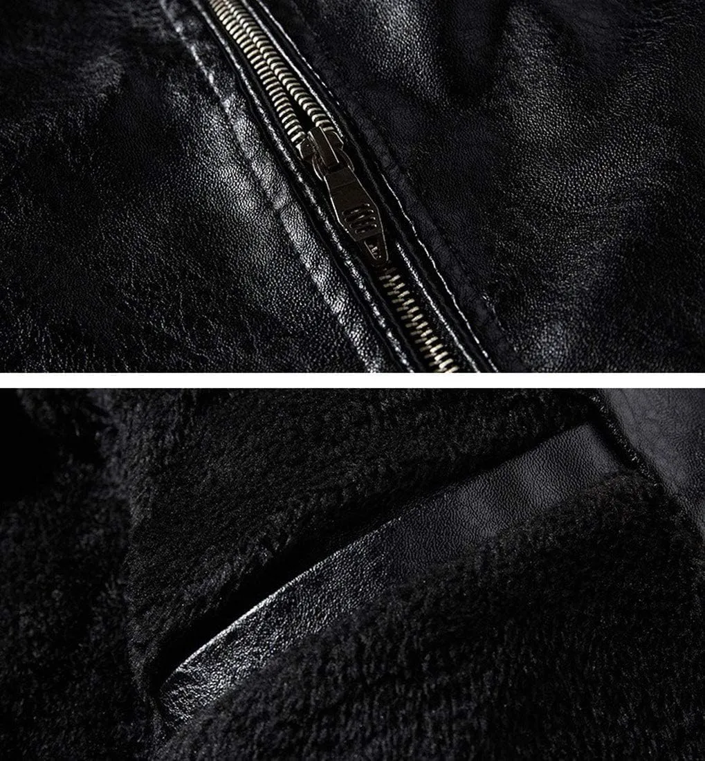 ebossy Men's Stand Collar Fleece Lined Distressed Faux Leather Moto Biker Jacket