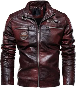 ebossy Men's Stand Collar Fleece Lined Distressed Faux Leather Moto Biker Jacket