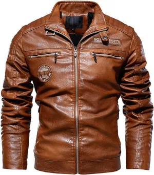 ebossy Men's Stand Collar Fleece Lined Distressed Faux Leather Moto Biker Jacket