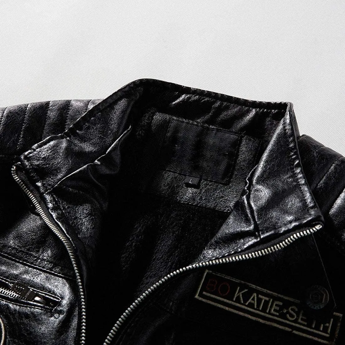 ebossy Men's Stand Collar Fleece Lined Distressed Faux Leather Moto Biker Jacket