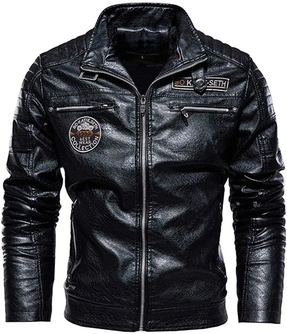 ebossy Men's Stand Collar Fleece Lined Distressed Faux Leather Moto Biker Jacket