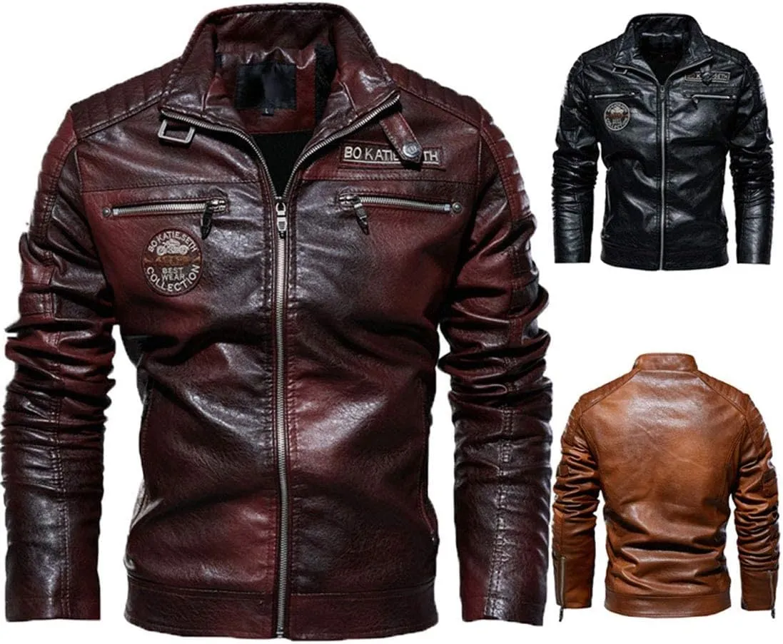 ebossy Men's Stand Collar Fleece Lined Distressed Faux Leather Moto Biker Jacket